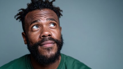 A thoughtful man with a beard gazes upward in a contemplative manner against a soft gray background, capturing a moment of reflection and insight.