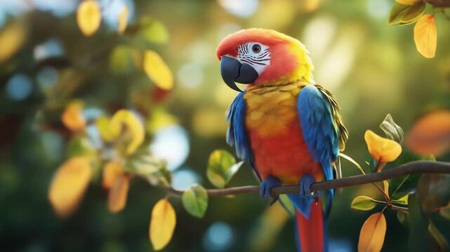 Colorful parrot perched on a branch surrounded by green and yellow foliage