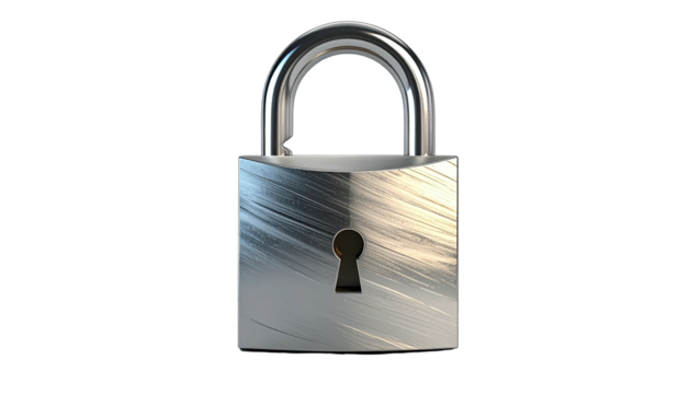 Metallic padlock reflects light, isolated on a black background