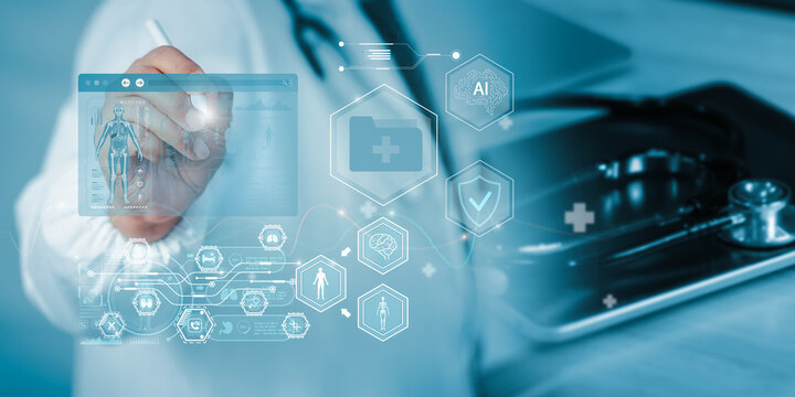 Doctor interacting with digital medical interface display AI diagnostics, patient records, anatomical data represents advanced healthcare technology, smart clinic analysis, modern hospital innovation.