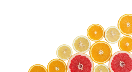 Vibrant and colorful slices of fresh citrus fruits, including oranges, lemons, and grapefruits, arranged in a decorative corner pattern, isolated on transparent background
