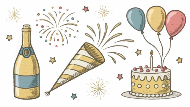 Celebrate good times with champagne, party popper, cake and balloons for birthdays or festive occasions