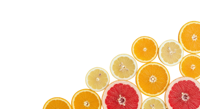 Vibrant and colorful slices of fresh citrus fruits, including oranges, lemons, and grapefruits, arranged in a decorative corner pattern, isolated on transparent background