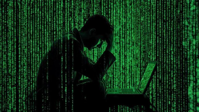 frustrated man on notebook imprisoned in digital life. green matrix codes wandering downwards