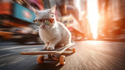 Cool cat wearing sunglasses skateboarding in a city street at sunset