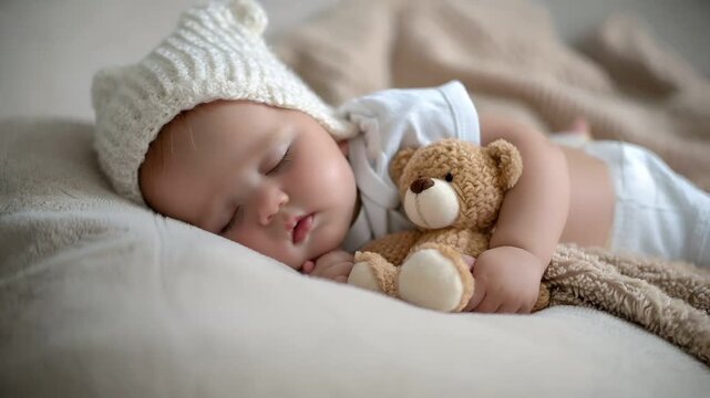 A closeup of a baby sleeping with a teddy bear on a bed. The baby is wearing a white knitted hat and is dressed in a white outfit. The background is blurred.