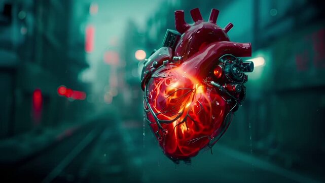 A vivid, highresolution digital artwork of a heartshaped mechanical device with intricate details and glowing red and orange hues. The heart is set against a backdrop of a neonlit.