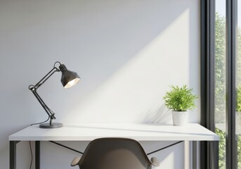 Minimalist Workspace with Desk Lamp and Plant by the Window.
