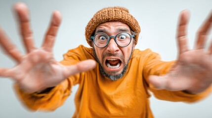 Surprised man in orange sweater reaching towards camera indoors