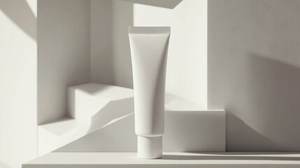 Minimalistic display of a plain white cosmetic tube in a soft-geometric, shadowed setting emphasizing elegance and simplicity.