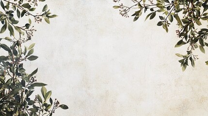 Elegant minimalist background featuring leafy branches on a textured surface, perfect for invitations or nature-themed designs.