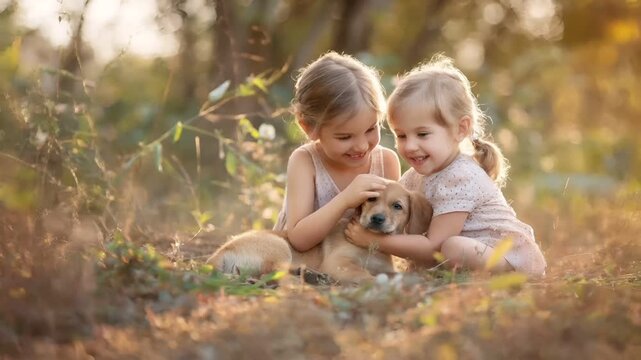 A young girl and a young girl playfully interact with a puppy in an outdoor setting during what appears to be the golden hour, with the sun casting a warm, golden hue over the scene.