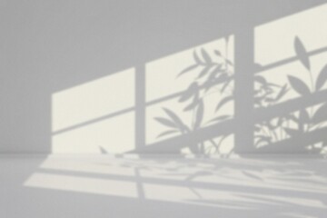 Sunlight casting shadows of leaves on a white wall and floor, creating a beautiful minimalist scene