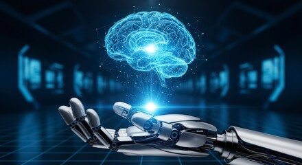 Artificial intelligence and brain interface represented as human robot hand with ai brain