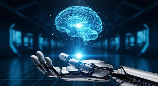 Artificial intelligence and brain interface represented as human robot hand with ai brain