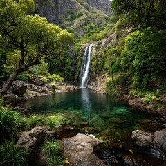 Obraz premium Enchanting Waterfall Oasis - A Serene Escape into Natures Embrace.