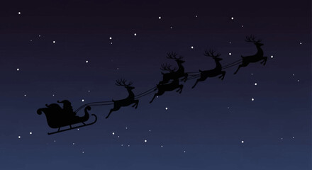 Silhouette of Santa&rsquo;s Sleigh with Eight Reindeer Flying Across Starry Gradient Night Sky