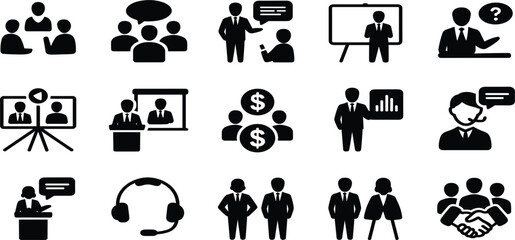 Set of Fifteen Business Meeting Glyph Icons, Corporate Presentation Training Communication Symbols, Finance Negotiation Teamwork Vector Graphic Collection