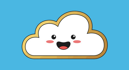 Obraz premium Cute cartoon cloud with a happy face and golden outline.