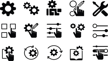 Set of Fifteen Settings Control Glyph Icons, Customization Configuration Adjustment Process Symbols, Engineering Development Optimization Tool Vector Collection