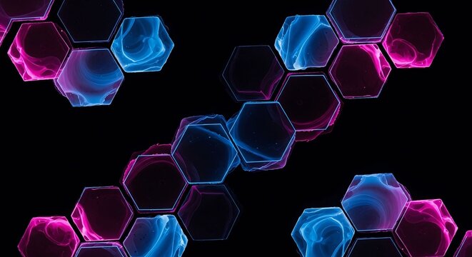 Abstract hexagonal pattern with glowing blue and pink neon lights