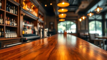 tavern. Elegant wooden bar counter close-up with warm tones, classic ambiance. bar promotions, beverage menus, designed for food & beverage menus and cafe branding, inspires menu design.