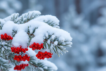 Winter Berries On Frosted Pine Branch