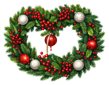 Festive wreath with evergreen, berries and holiday ornaments