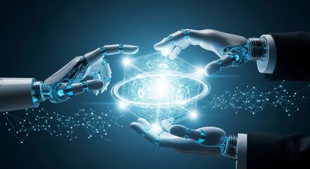 Robotic hand and human hand interact over quantum computing holographic cube tech