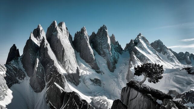 Majestic snowcapped mountain peaks rise sharply against a clear blue sky, showcasing a rugged alpine landscape with a solitary tree