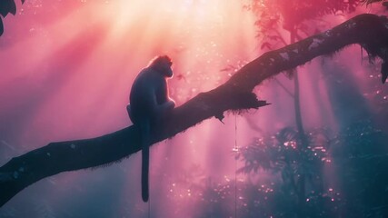 A vivid portrayal of a solitary monkey perched on a tree branch amidst a misty, pinkishhued forest. The monkeys silhouette is accentuated by the soft, ethereal light filtering through the canopy.