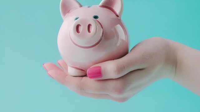 Money saving deposit financial planning concept. A hand holding a pink piggy bank against a turquoise background. The image is devoid of any text or other objects.