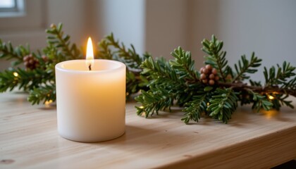 Festive candlelight on table with christmas garland decoration warm candlelight illuminates a table adorned with festive christmas garland cozy holiday scene