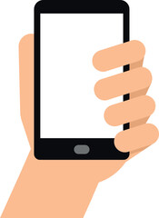 A hand holding a cell phone with a white background