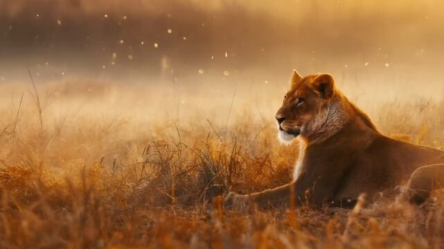 A vivid portrayal of a lion in a serene, golden savannah setting during what appears to be either dawn or dusk. The lion is captured in a side profile, with its gaze directed forward.