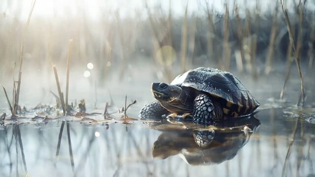 A closeup of a turtle in a wetland setting, with a shallow depth of field that blurs the background into a misty haze. The turtles shell is detailed with intricate patterns and textures.