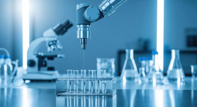 Laboratory Equipment - Microscope, Robotic Arm, Test Tubes, and Flasks.