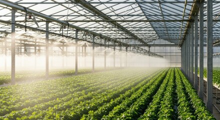 Lush Greenhouse Cultivation - Rows of Green Plants Under Sprinklers.