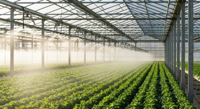 Lush Greenhouse Cultivation - Rows of Green Plants Under Sprinklers.