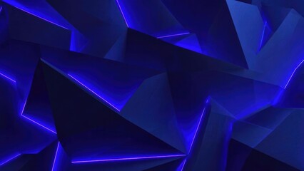 Abstract blue geometric shapes with glowing purple neon edges forming sharp triangular facets. Concept Abstract Blue Geometry, Neon Purple Edges, Sharp Triangular Facets, Glowing Neon Geometry