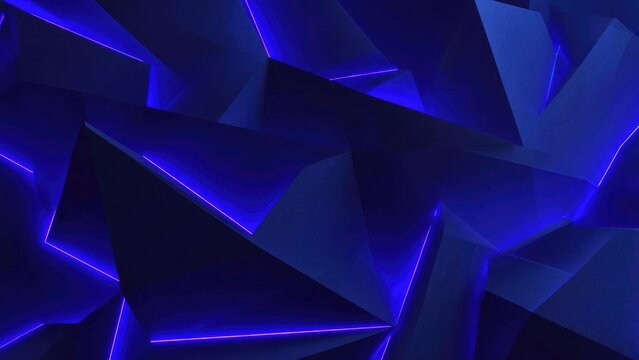 Abstract blue geometric shapes with glowing purple neon edges forming sharp triangular facets. Concept Abstract Blue Geometry, Neon Purple Edges, Sharp Triangular Facets, Glowing Neon Geometry