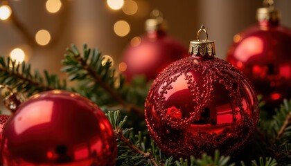 Fototapeta premium Red christmas balls on tree branch gleaming red christmas balls suspended from evergreen branch evoking warmth and festive cheer