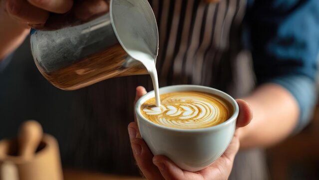 Barista pours steamed milk into a cup of coffee, creating latte art on the surface. Concept Latte Art, Barista, Coffee, Milk Foam, Cafe