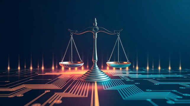 Digital justice concept a scale of justice on a futuristic circuit board, symbolizing the balance between law and technology in the digital era