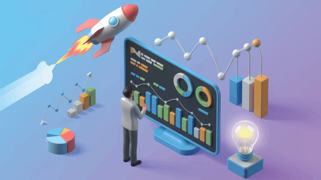 3d isometric concept of business startup growth analysis with rocket launch and data visualization