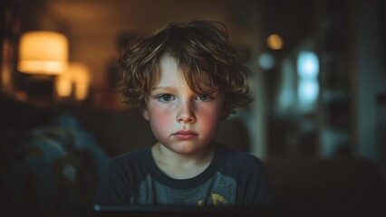 A young boy with tousled hair and freckles stares solemnly at the camera in a dimly lit room. Concept Solemn boy portrait, Moody lighting, Freckled face, Tousled hair, Quiet room atmosphere