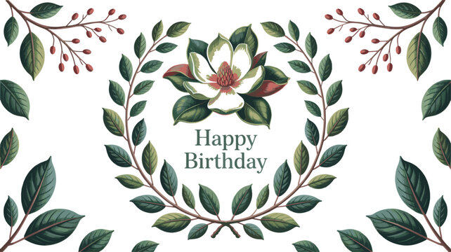 Elegant watercolor happy birthday greeting card with magnolia flower and green leaf wreath border