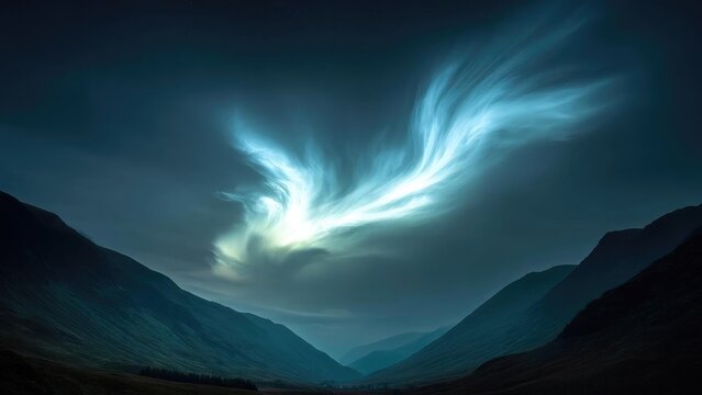 Aurora borealis lighting up the night sky above a valley between mountains, with wispy cyan-blue clouds. Concept Aurora Borealis, Mountain Valley Nightscape, Cyan Wispy Clouds, Starry Sky