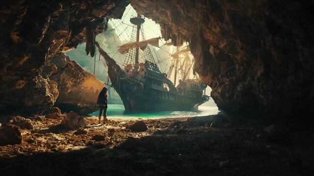 A vivid portrayal of a pirate ship navigating through a cavernous landscape. The ship, with its intricate rigging and wooden hull, is the central focus, surrounded by a vast expanse of water.