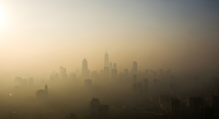 Obraz premium Fogshrouded skyline featuring silhouetted skyscrapers